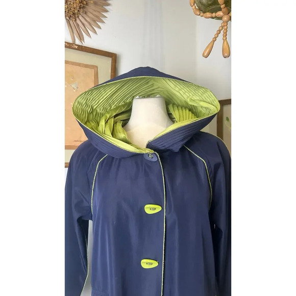 VTG Reversible Coat Navy Green Oversized Hooded Raincoat Classic Outwear Jacket - Picture 4 of 10